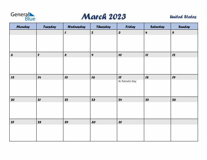 March 2023 Calendar with Holidays in United States