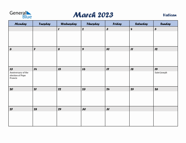March 2023 Calendar with Holidays in Vatican
