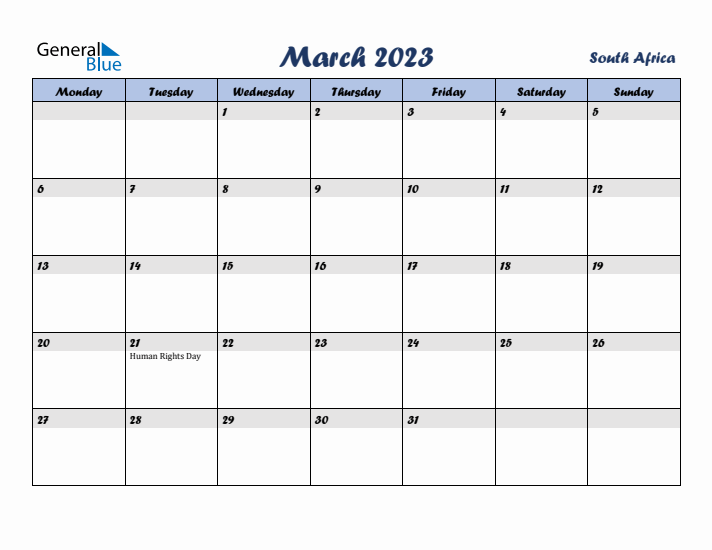 March 2023 Calendar with Holidays in South Africa