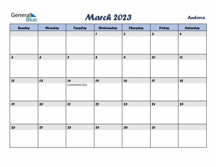March 2023 Calendar with Holidays in Andorra