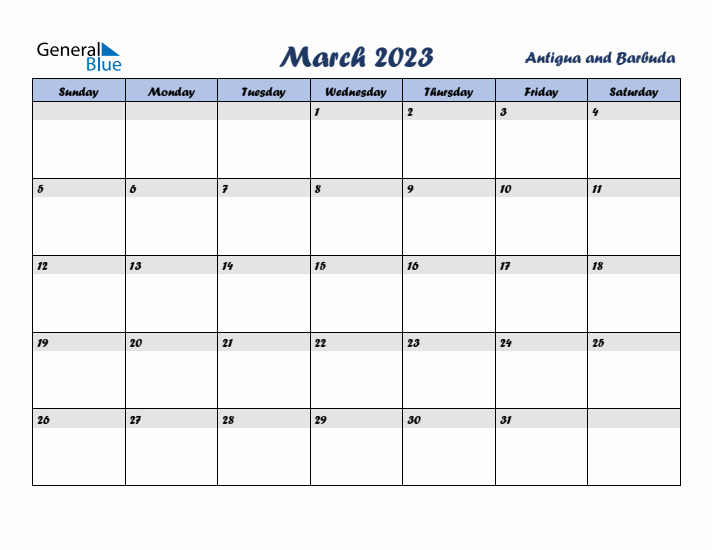 March 2023 Calendar with Holidays in Antigua and Barbuda