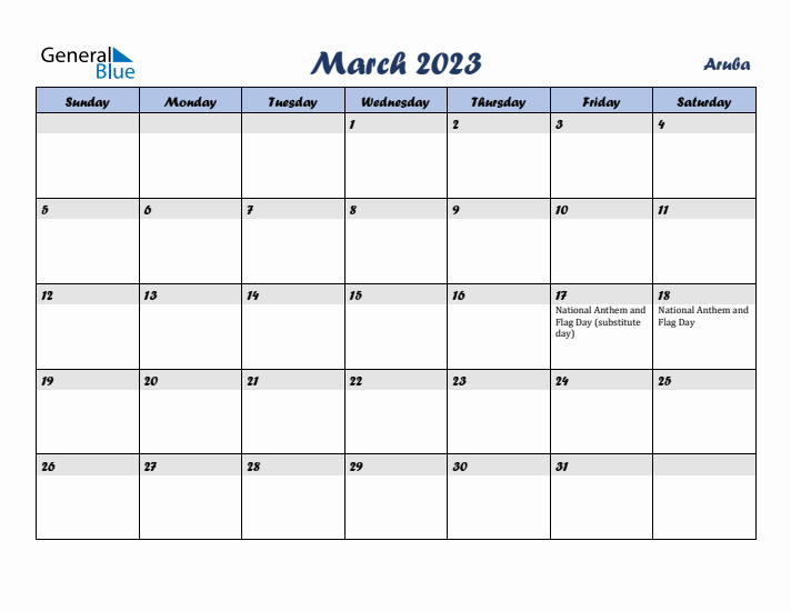 March 2023 Calendar with Holidays in Aruba
