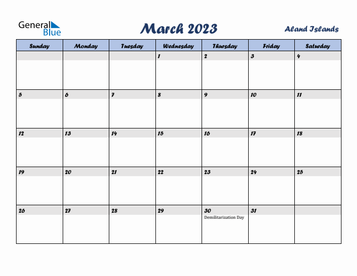 March 2023 Calendar with Holidays in Aland Islands