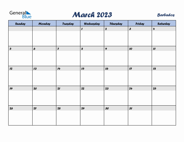 March 2023 Calendar with Holidays in Barbados