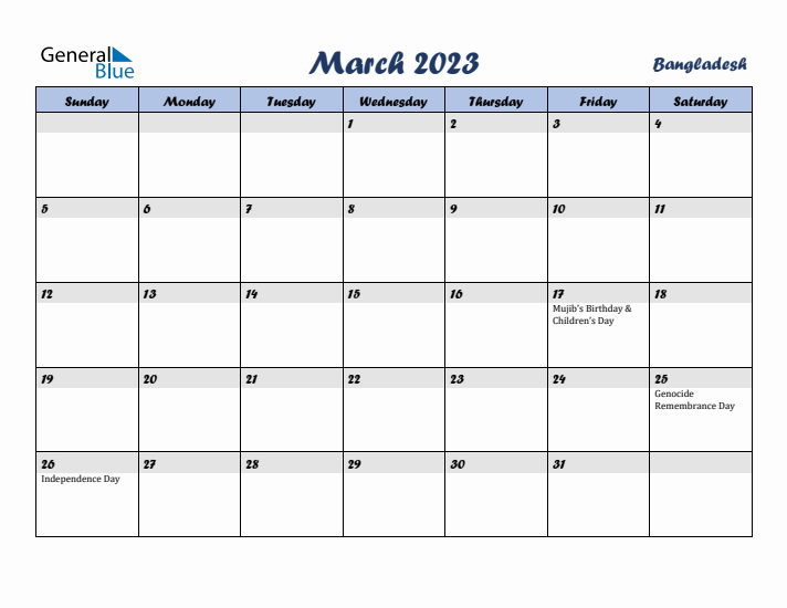 March 2023 Calendar with Holidays in Bangladesh