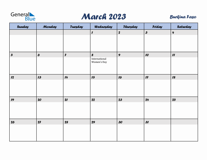 March 2023 Calendar with Holidays in Burkina Faso