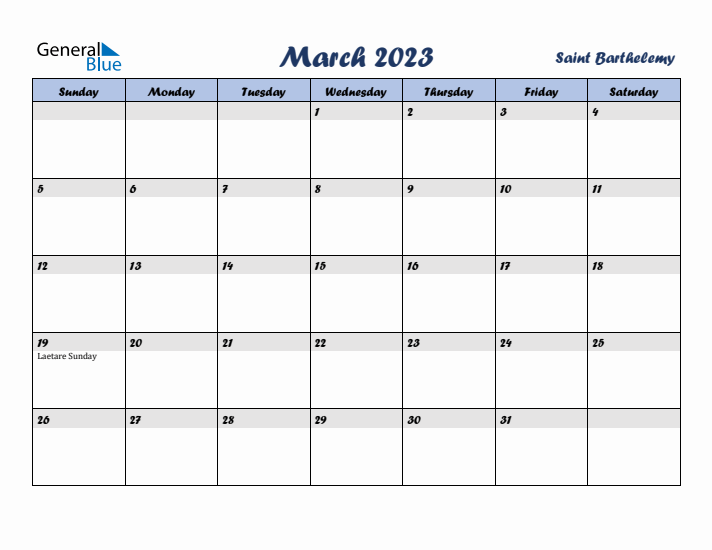 March 2023 Calendar with Holidays in Saint Barthelemy