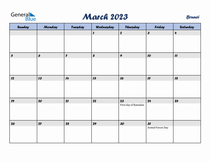 March 2023 Calendar with Holidays in Brunei