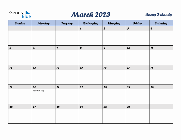 March 2023 Calendar with Holidays in Cocos Islands