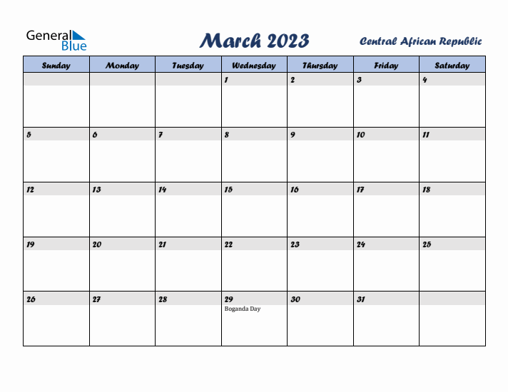 March 2023 Calendar with Holidays in Central African Republic
