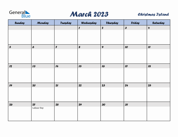 March 2023 Calendar with Holidays in Christmas Island