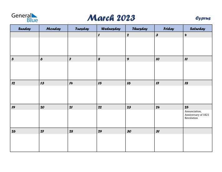 March 2023 Calendar with Holidays in Cyprus
