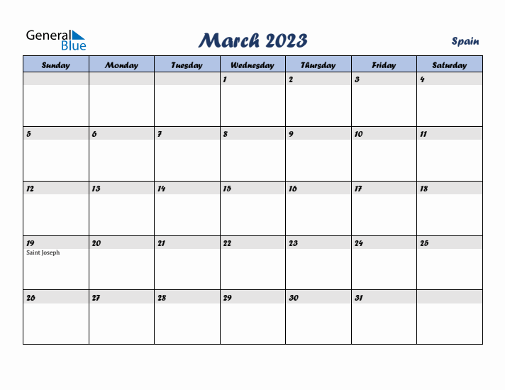 March 2023 Calendar with Holidays in Spain