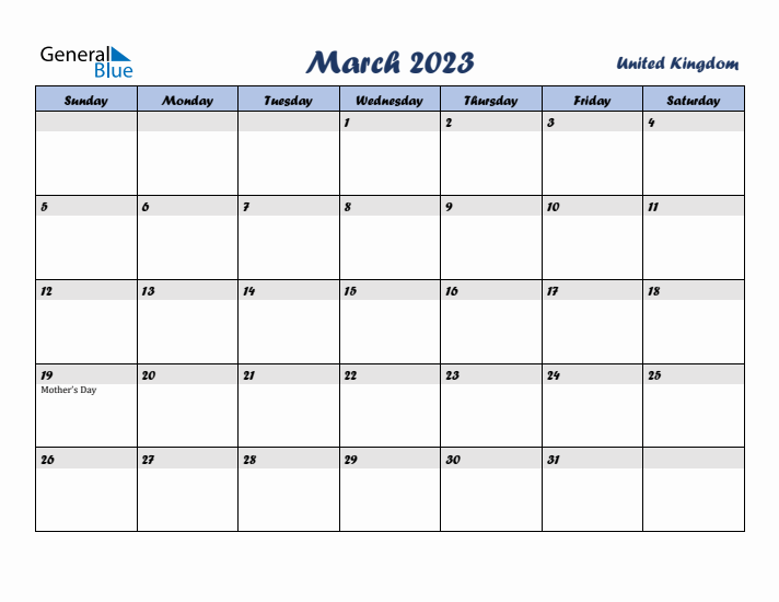 March 2023 Calendar with Holidays in United Kingdom