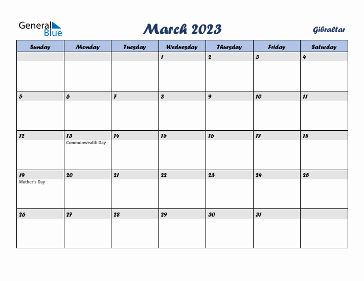 March 2023 Calendar with Holidays in Gibraltar