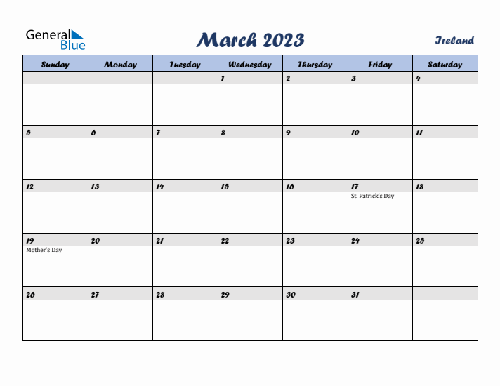 March 2023 Calendar with Holidays in Ireland