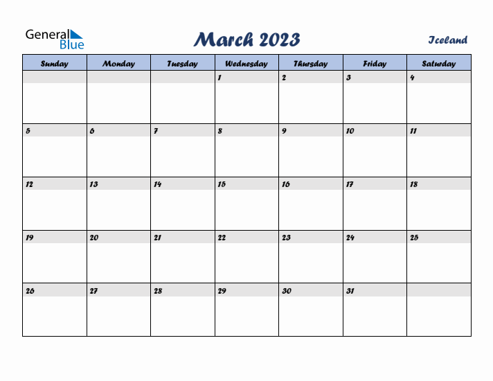 March 2023 Calendar with Holidays in Iceland