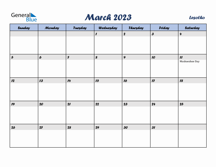 March 2023 Calendar with Holidays in Lesotho