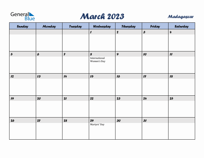 March 2023 Calendar with Holidays in Madagascar