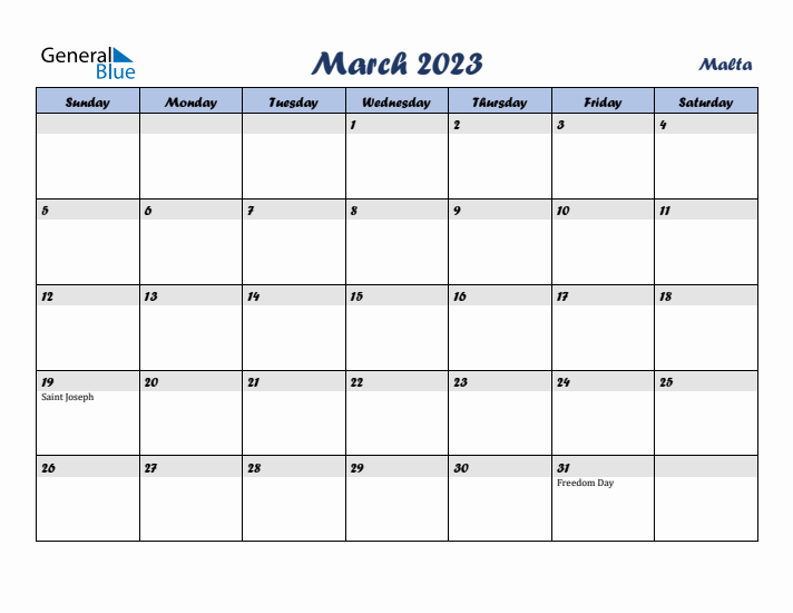 March 2023 Calendar with Holidays in Malta