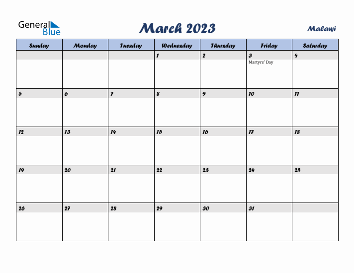 March 2023 Calendar with Holidays in Malawi