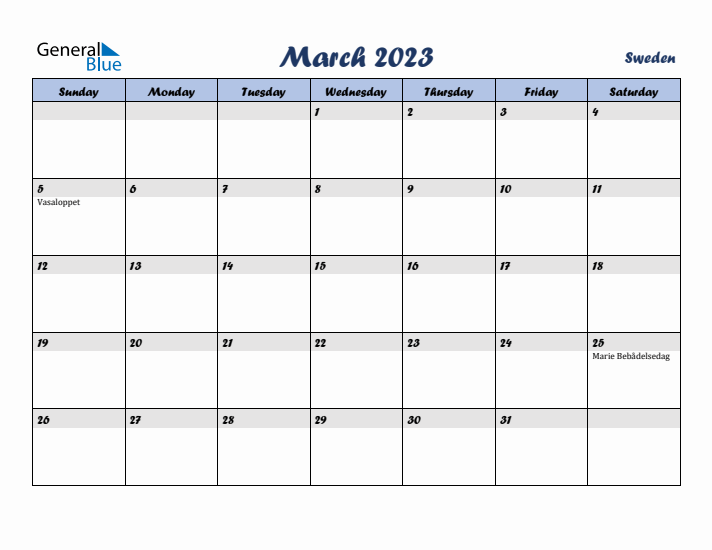 March 2023 Calendar with Holidays in Sweden