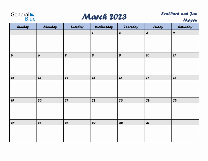 March 2023 Calendar with Holidays in Svalbard and Jan Mayen