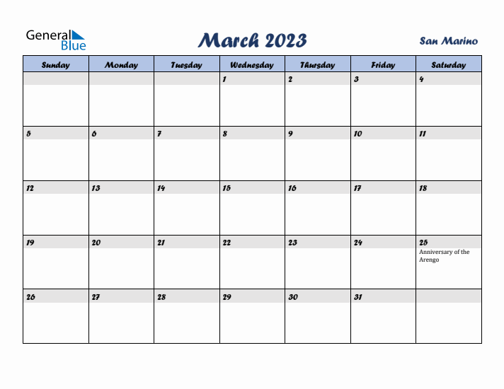 March 2023 Calendar with Holidays in San Marino
