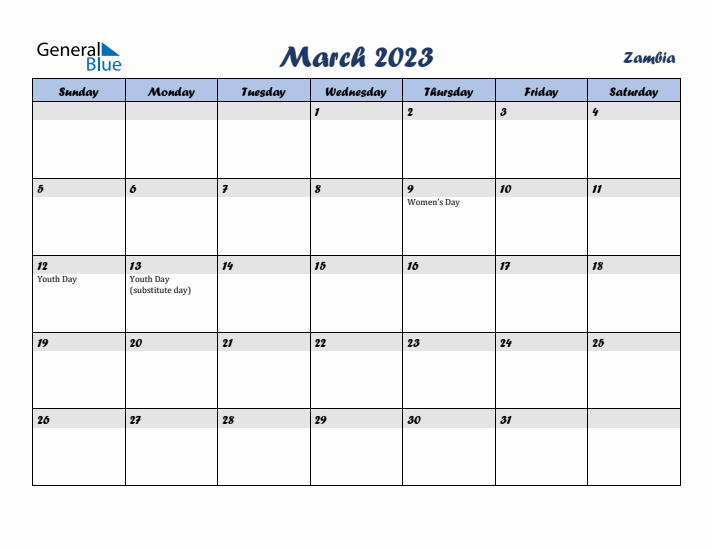 March 2023 Calendar with Holidays in Zambia