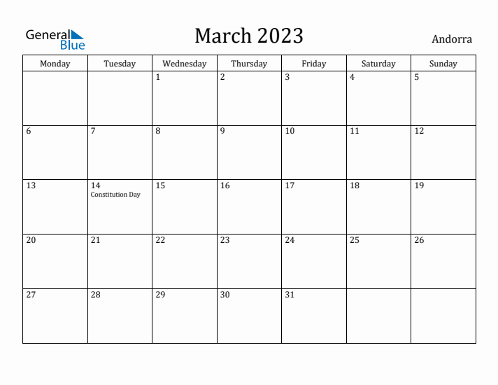 March 2023 Calendar Andorra