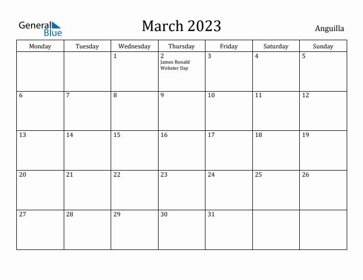 March 2023 Calendar Anguilla