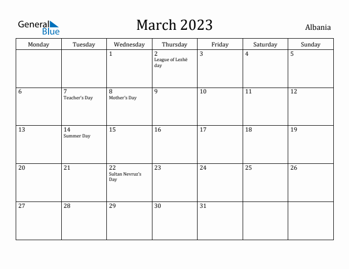 March 2023 Calendar Albania