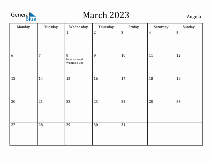 March 2023 Calendar Angola