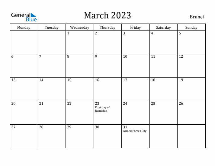 March 2023 Calendar Brunei