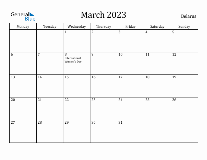 March 2023 Calendar Belarus