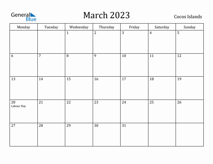 March 2023 Calendar Cocos Islands