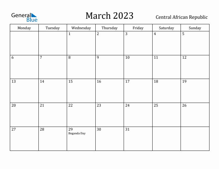March 2023 Calendar Central African Republic