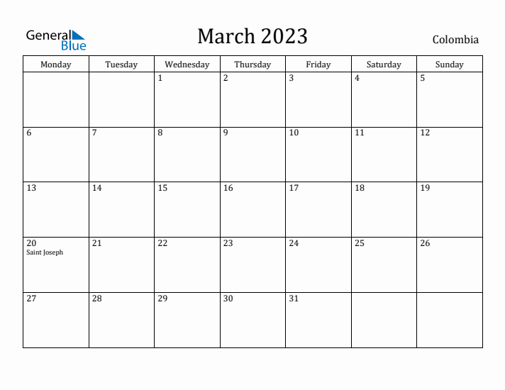 March 2023 Calendar Colombia