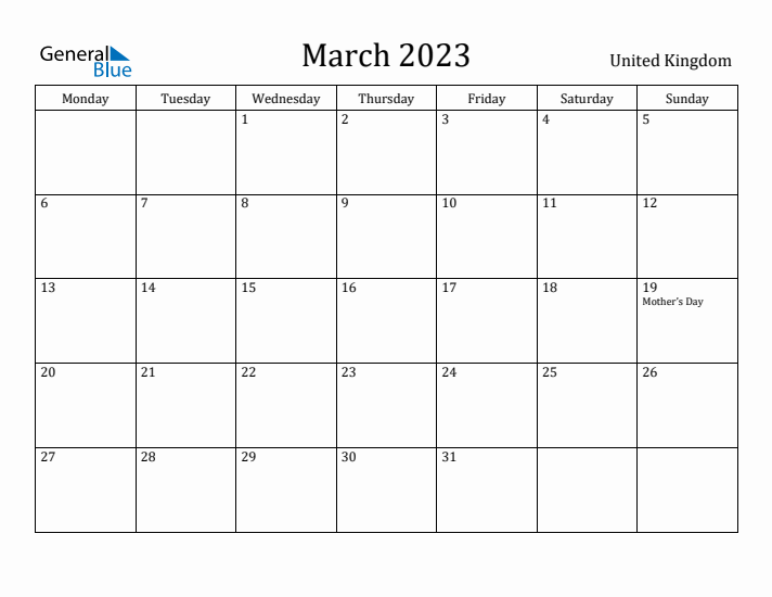 March 2023 Calendar United Kingdom