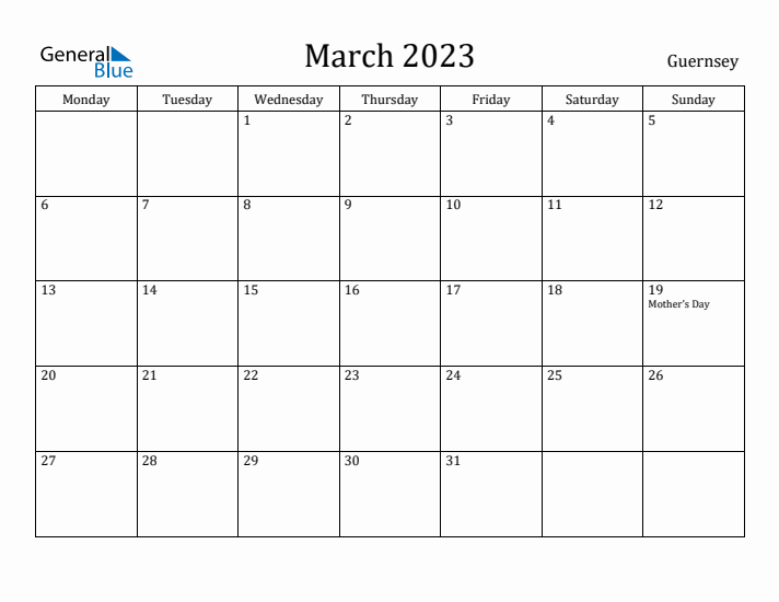 March 2023 Calendar Guernsey