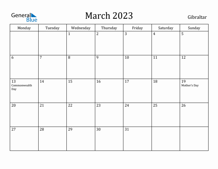 March 2023 Calendar Gibraltar