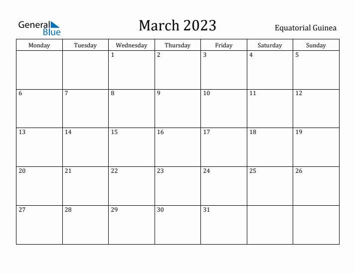 March 2023 Calendar Equatorial Guinea