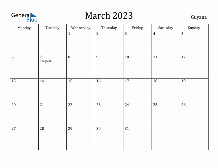 March 2023 Calendar Guyana