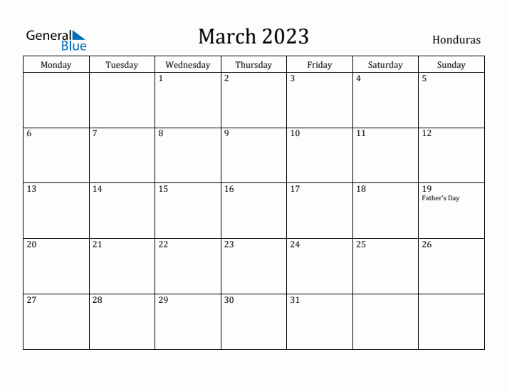 March 2023 Calendar Honduras