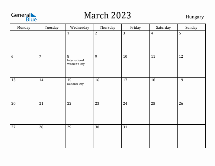 March 2023 Calendar Hungary