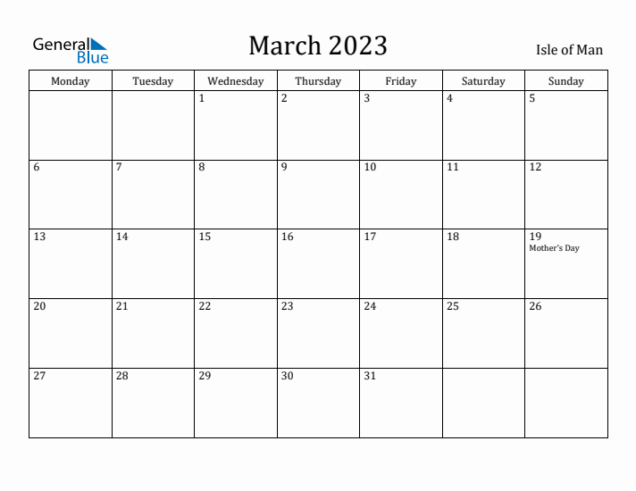 March 2023 Calendar Isle of Man