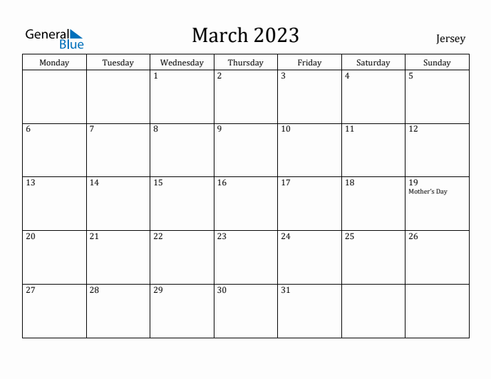 March 2023 Calendar Jersey