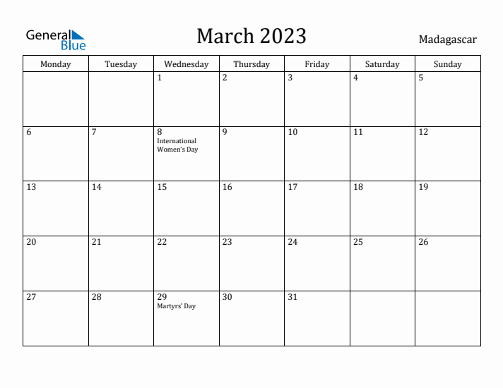 March 2023 Calendar Madagascar