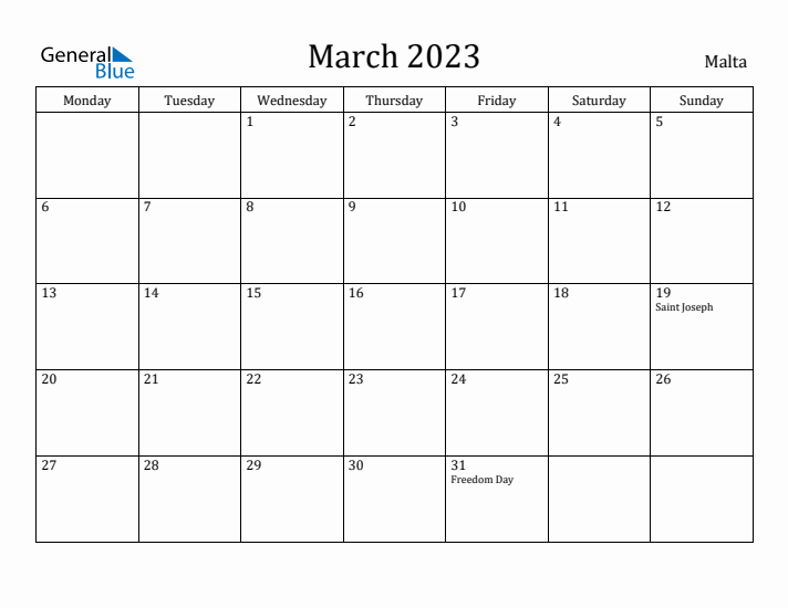 March 2023 Calendar Malta