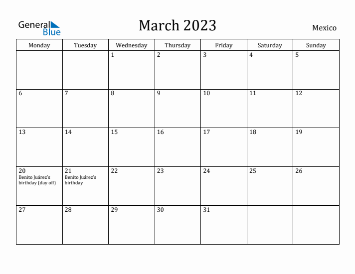 March 2023 Calendar Mexico